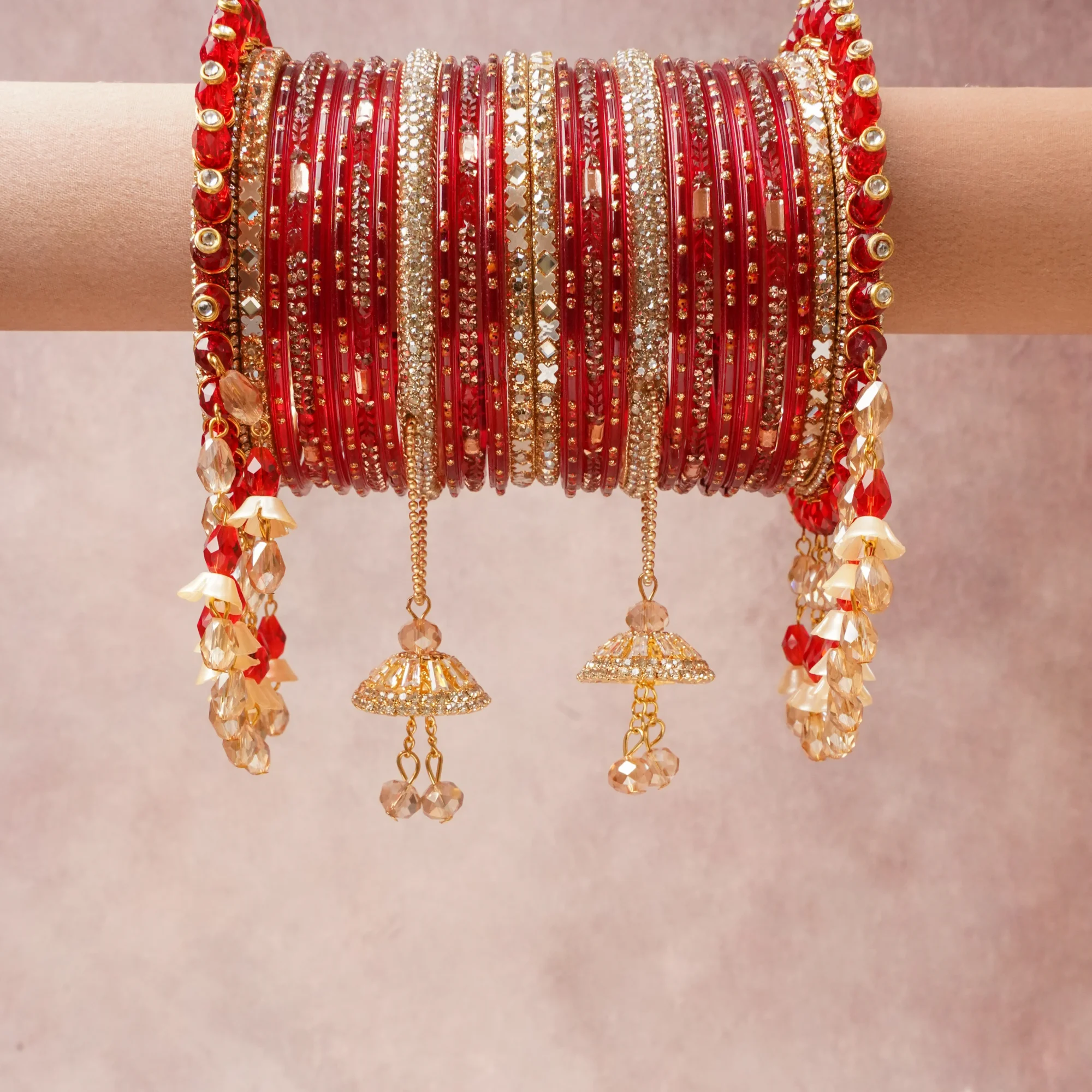 A commanding Deep Red anchors this beautiful set, enriched with accents of Clear, Gold, Champagne that add depth and dimension.

Featuring a striking composition of Glass, Crystal, Gold-tone Metal, Glass Beads, this set carries intricate craftsmanship and strong presence. Grand in form, it is created for moments that deserve to be marked.